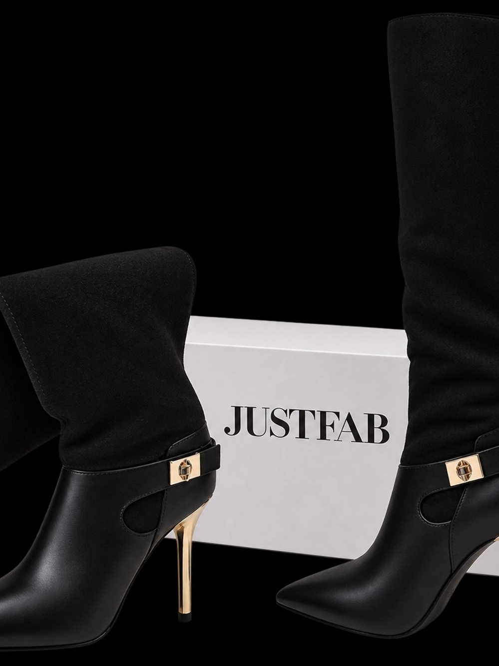 JustFab Black Knee-High Stiletto Boots with Gold Heel